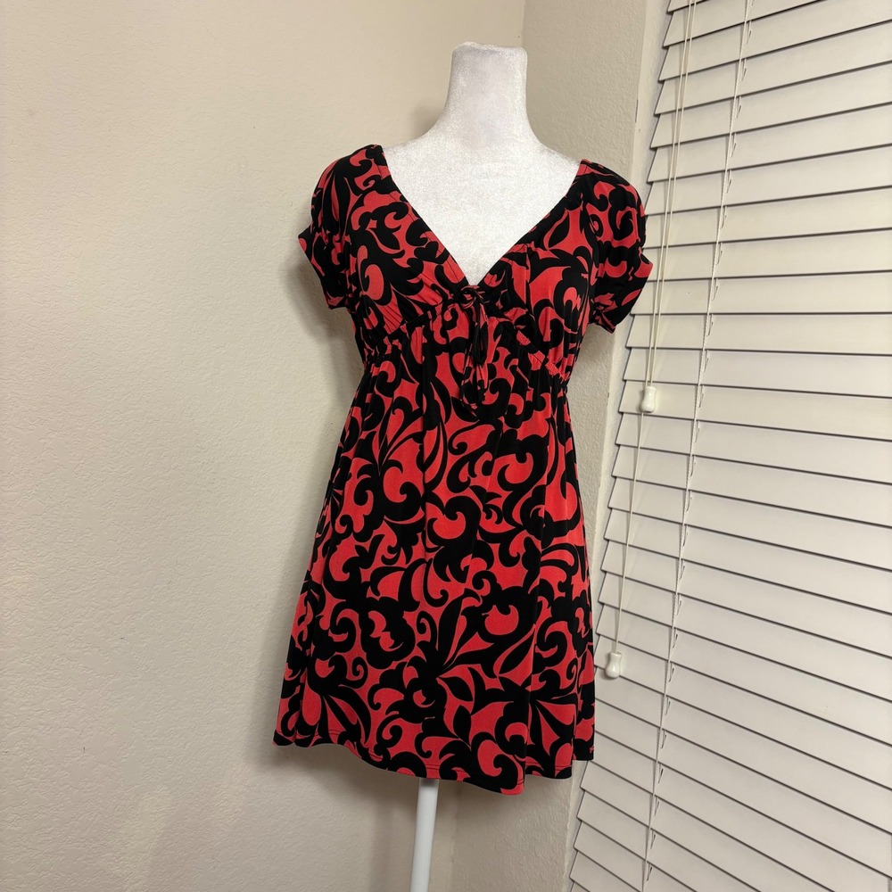 Y2K Coral Red Black Damask Paisley Babydoll Tunic Top size S retro girly